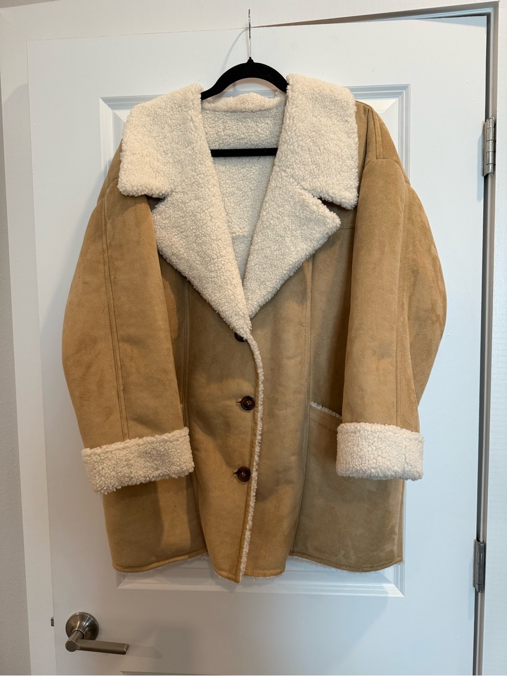 Free People Tan Shearling-Trim Suede Coat with Cream Lining - Picture 1 of 2